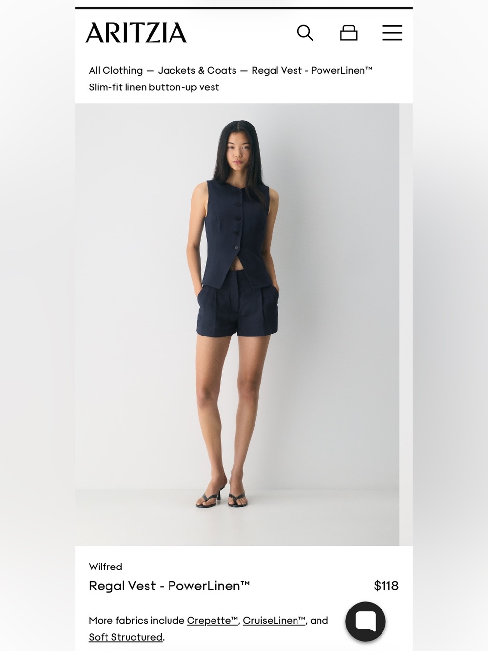 Aritzia Wilfred Regal Vest – Slim Fit - Dark Night Navy – Size 2 (NWT) - Picture 5 of 7